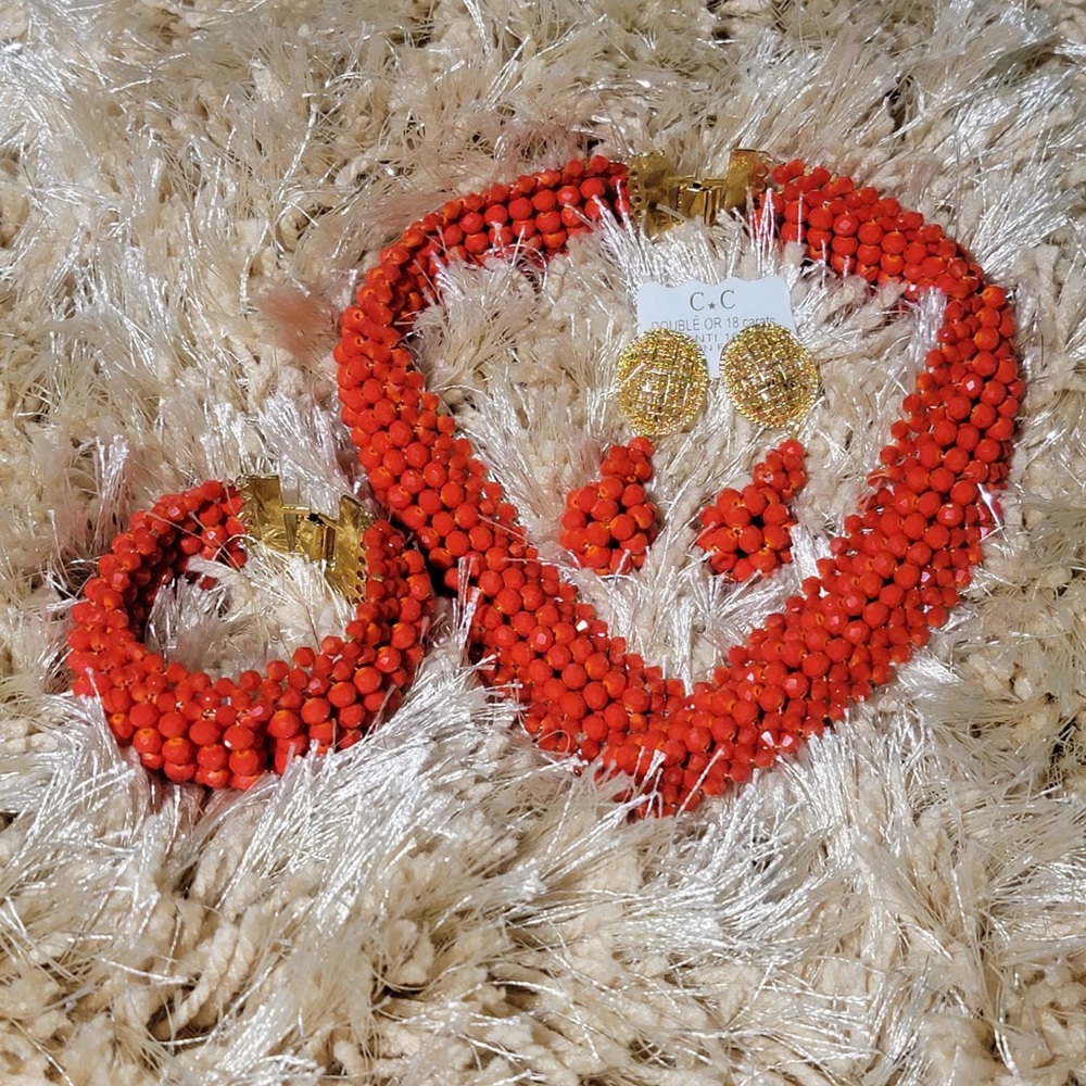 Handmade Beaded Necklace, Bracelet and Earrings Set